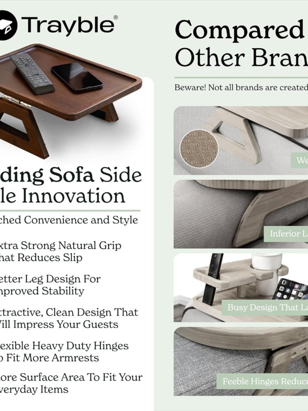 Bamboo Trayble Couch Arm Table, Clip On Tray Sofa Table for Couches. Sofa Arm Tr - Picture 5 of 9